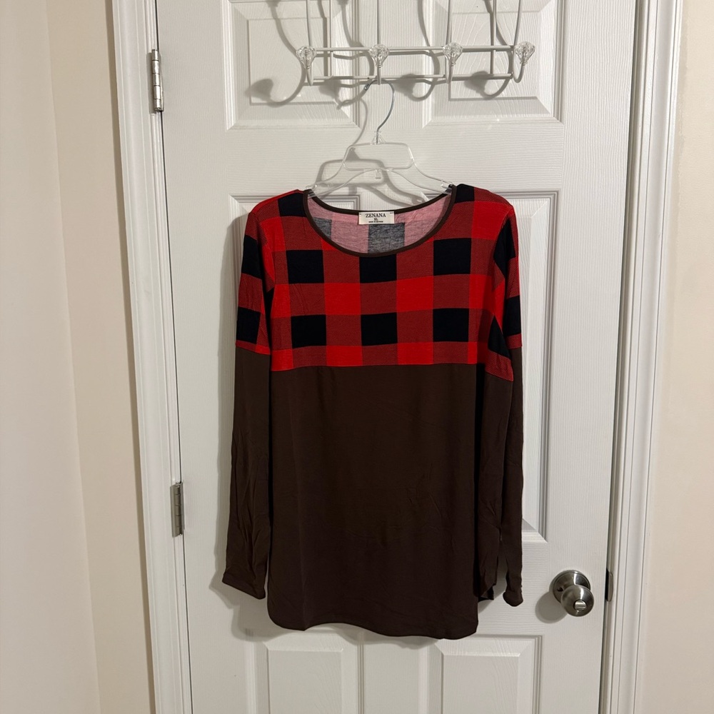 NWOT Zenana Red and Black Plaid Long Sleeve Top